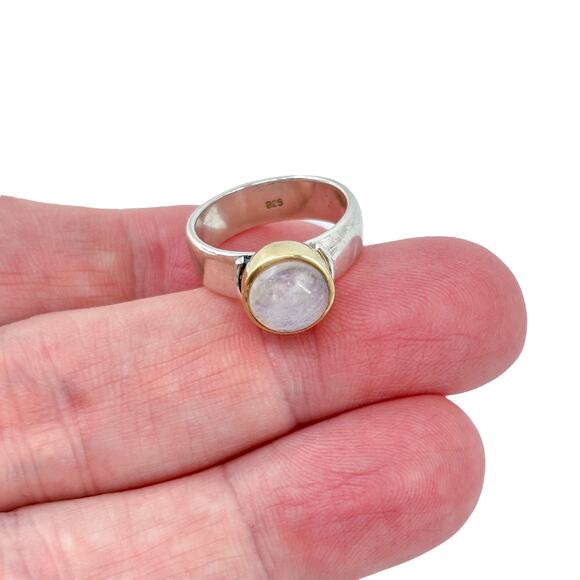 Rainbow Moonstone Gold Accent Bezel Ring | Sterling Silver 925 | Size 6 - Picture 1 of 15